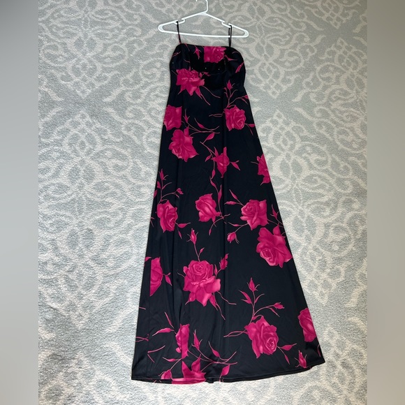 Arianna by Rachel Kaye long spaghetti strap evening gown black pink roses size 8 - Picture 2 of 9